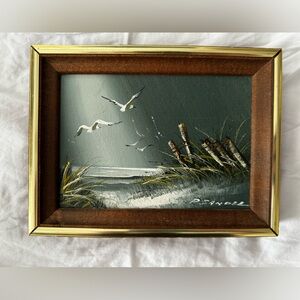 Small Seascape Painting with Birds in Brown Frame